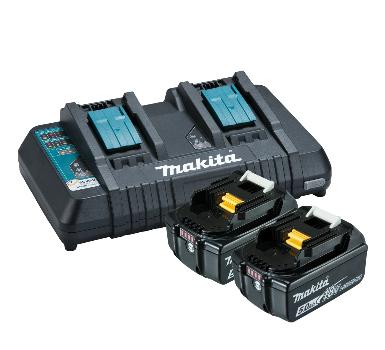 Makita 198928-5 18V Lithium-Ion Same Time Dual Port Rapid Fast Battery Charger DC18RD & Two BL1850B-L Batteries With Fuel Gauge Indicator Starter Pack 3 Makita 198928-5 18V Lithium-Ion Same Time Dual Port Rapid Fast Battery Charger DC18RD & Two BL1850B-L Batteries With Fuel Gauge Indicator Starter Pack