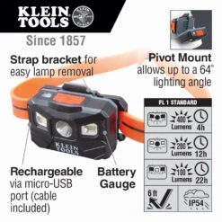 KLEIN Tools A-56064 Rechargeable Headlamp With Silicone Strap, 400 Lumens, All-Day Runtime -Tools Discounts 56064 callout