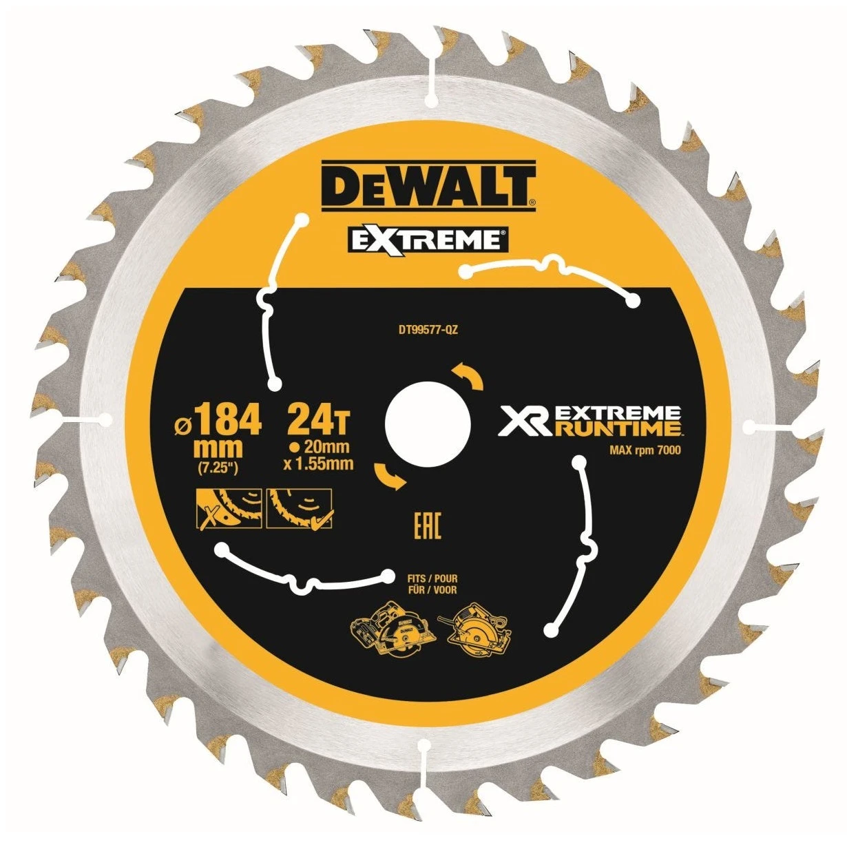 DeWALT DT99577-QZ XR FLEXVOLT EXTREME® RUNTIME 184mm X 20mm 24 Teeth Circular Saw Blade 3 DeWALT DT99577-QZ XR FLEXVOLT EXTREME® RUNTIME 184mm X 20mm 24 Teeth Circular Saw Blade