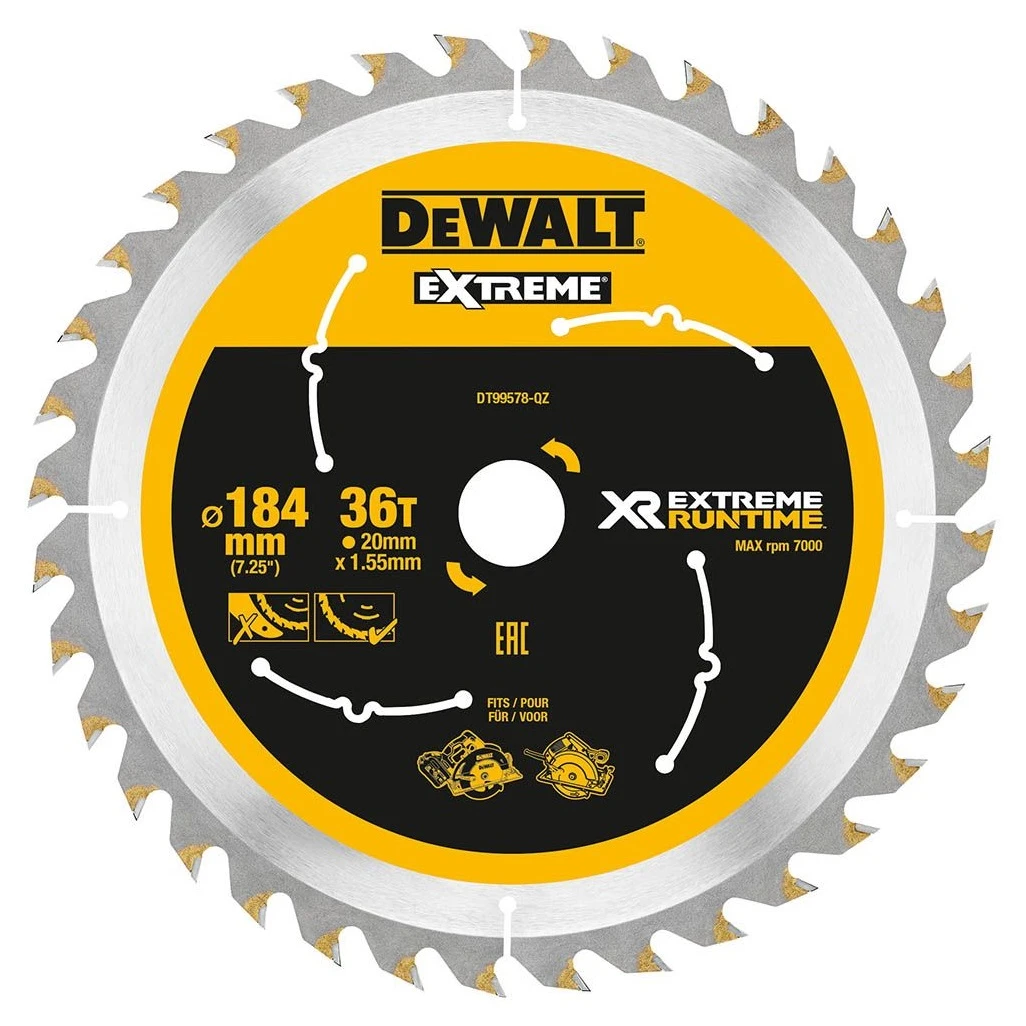 DeWALT DT99578-QZ XR FLEXVOLT EXTREME® RUNTIME 184mm X 20mm 36 Teeth Circular Saw Blade 3 DeWALT DT99578-QZ XR FLEXVOLT EXTREME® RUNTIME 184mm X 20mm 36 Teeth Circular Saw Blade