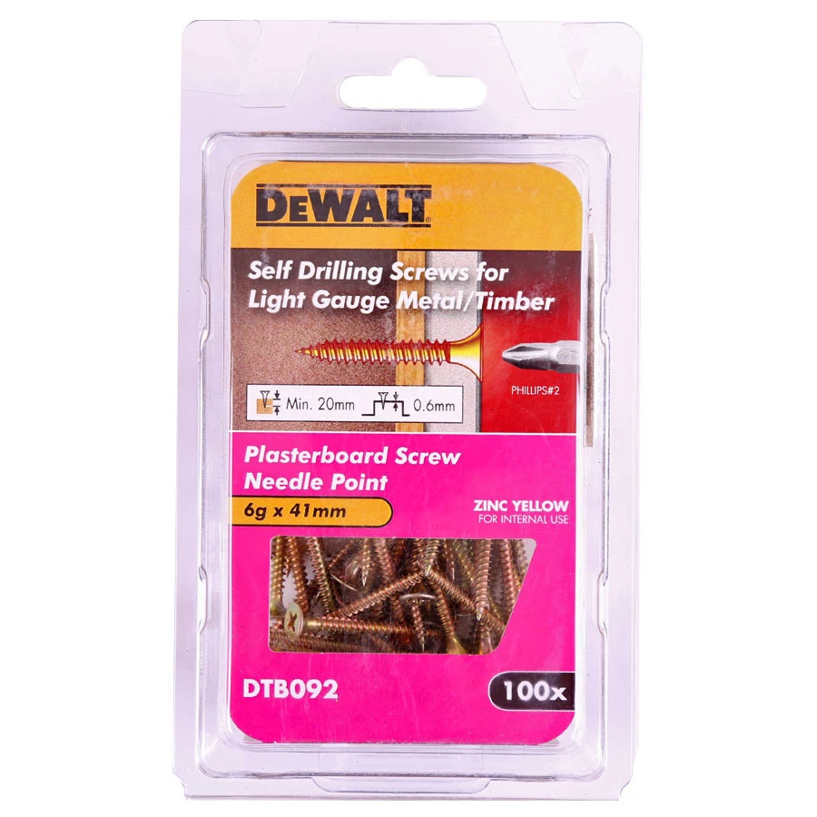 DeWALT DTB092-PWR Plasterboard Screw Needle Point NP Bugle Fine ZY 6-18×41 BP Screw 100 Pack – Engineered By Powers 3 DeWALT DTB092-PWR Plasterboard Screw Needle Point NP Bugle Fine ZY 6-18×41 BP Screw 100 Pack – Engineered By Powers