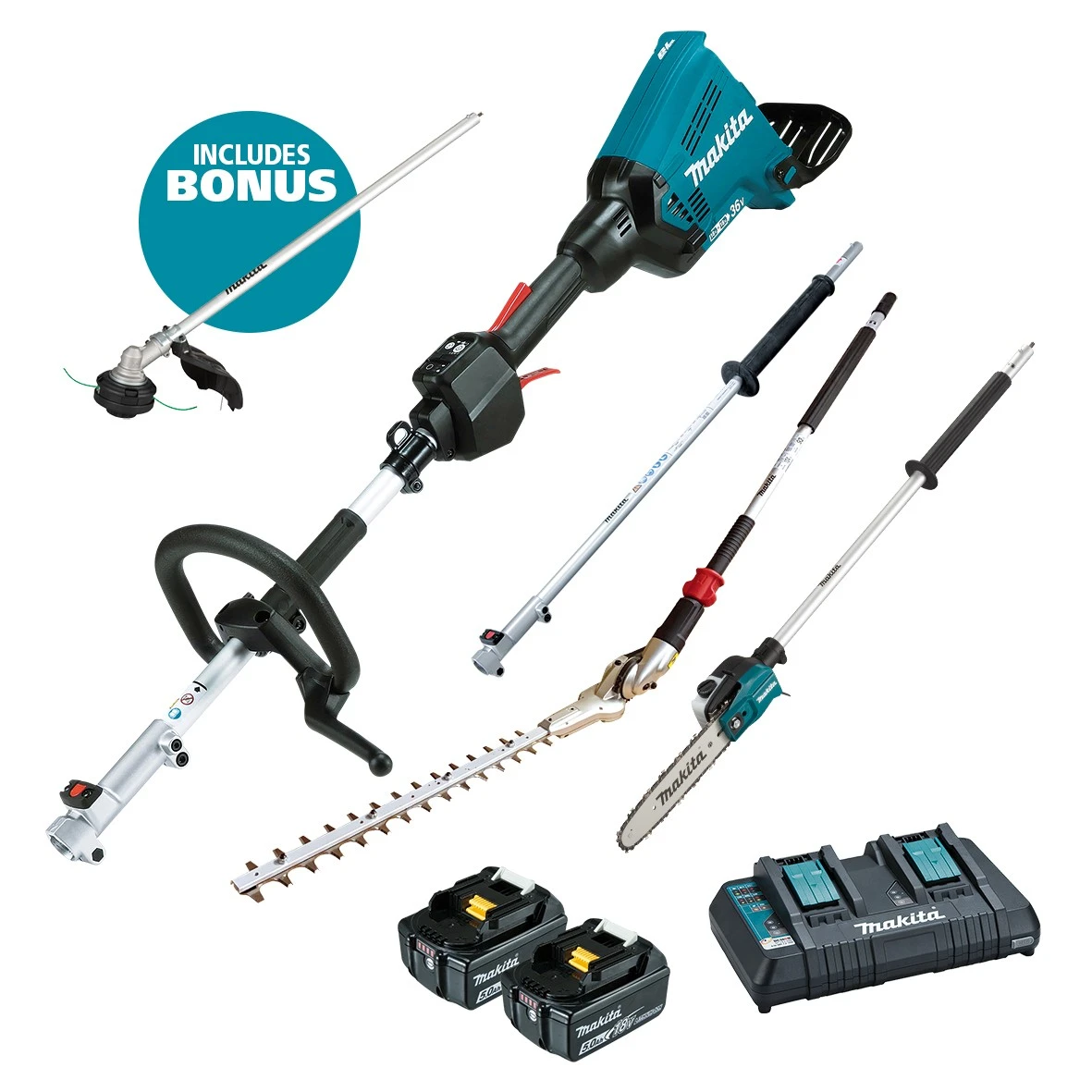 Makita DUX60PSHPT2-B 36V (18Vx2) 5.0Ah Lithium-Ion Brushless Multi-Function Powerhead, Pole Saw & Hedge Trimmer Combo Kit Bonus Brushcutter Attachment EM409MP 4 Makita DUX60PSHPT2-B 36V (18Vx2) 5.0Ah Lithium-Ion Brushless Multi-Function Powerhead, Pole Saw & Hedge Trimmer Combo Kit Bonus Brushcutter Attachment EM409MP - Image 2
