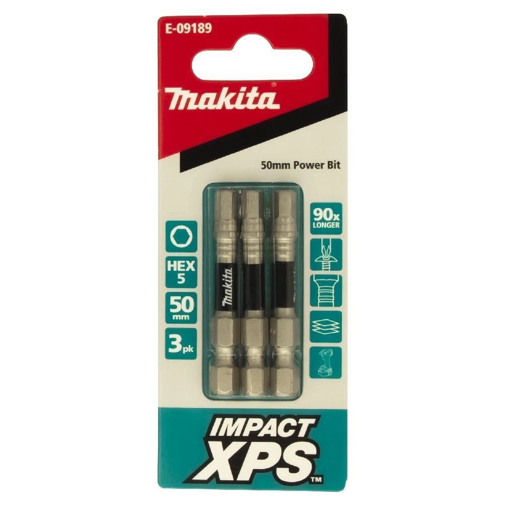 Makita E-09189 IMPACT XPS HEX5 X 50mm Hex PTA Power Bits 3 Piece Set 3 Makita E-09189 IMPACT XPS HEX5 X 50mm Hex PTA Power Bits 3 Piece Set