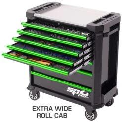 SP Tools SP52528GR TECH SERIES Ultra Wide Roller Cabinet Tool Kit, 448 Piece Metric & SAE, Black/Green Handles – Plus Extra Eva Trays -Tools Discounts SP52528GR 1